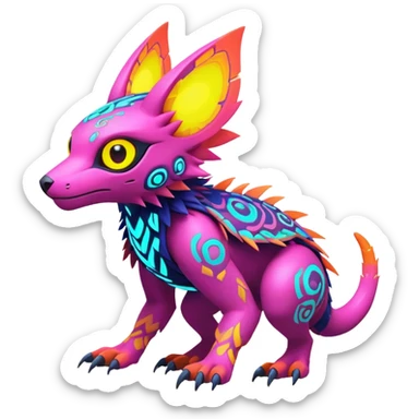 Tropical futuristic lush warm-colored modern colorful neon-colored cyber-Fakémon-Digimon-Trico-creature sticker