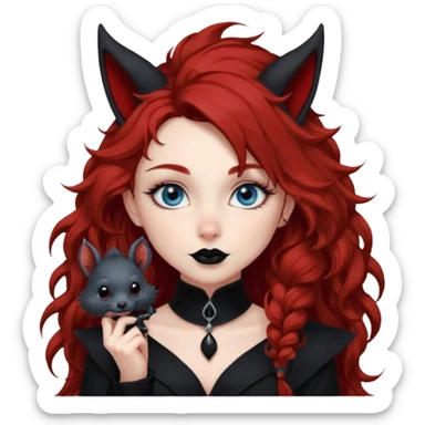  long curly red hair (darker), red pointed ears with black trim, black goth outfits, body and face human, blue eyes, more pointy chin, black lipstick, big fluffy red squirrel tail with black tips, like the attached photo with more outfits and poses,  sticker