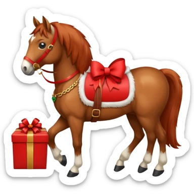 a christmas horse with a red saddle, which has a red gift box with a white bow on the saddle sticker
