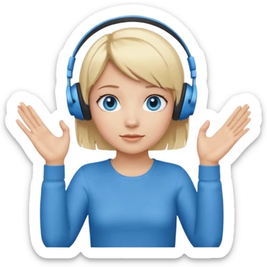 girl with blonde and middle short hair and blue eys with heands telling what, having heaphones on head,  sticker