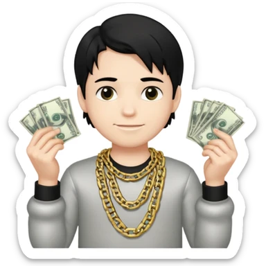 Has un chico con mucha plata en sus manos y en su alrededor, Con una cadena que diga "JovenBallin" y que tenga pelo negro y sea piel blanca sticker