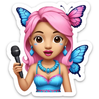 Cartoon Blue and pink tiki girl singing with butterfly and in the mikrophone sticker