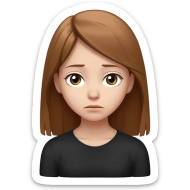 emoji of a girl with long, straight light brown hair, fair skin, soft grey eyes. Wearing a black. Standing slightly apart from a group of people, shoulders slightly hunched, arms loosely at her sides, head tilted down, eyes looking away. Nervous, unsure, miserable, and afraid.  sticker