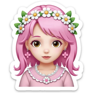 A girl with pink and white hair, adorned with flowers as hair accessories, wearing My Melody clothing. sticker