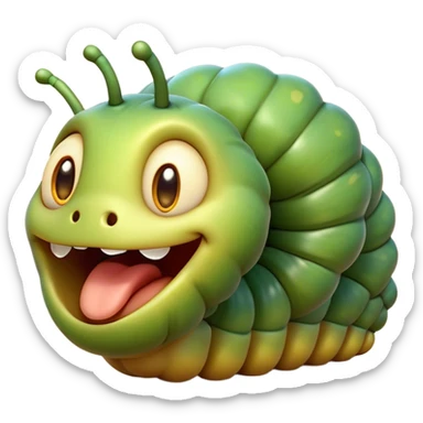 Cinematic Cheeky Caterpillar Portrait Emoji, Head tilted dramatically with an exaggeratedly surprised expression, featuring a tiny, wiggly body with wide, comically expressive eyes full of playful wonder and animated, curving segments, Simplified yet hilariously expressive features, highly detailed, glowing with a slightly sassy natural glow, high shine, dramatic yet playful, stylized with an air of cheeky woodland mischief, soft glowing outline, capturing the essence of a meme-worthy caterpillar that looks ready to wiggle its way into viral fame! sticker