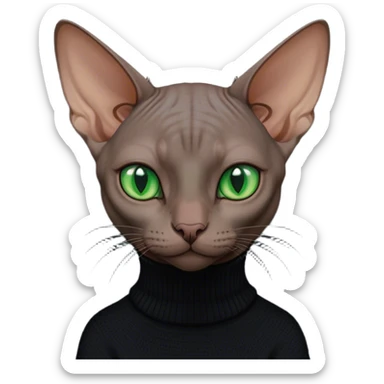 dark color sphinx cat with green eyes wearing a black turtleneck sweater sticker