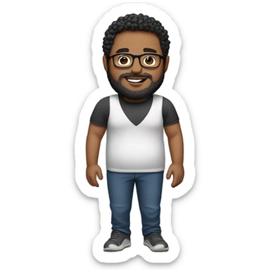 An overweight instructor with medium brown skin, a beard, fade haircut on the sides with curly hair on top, and wearing glasses sticker
