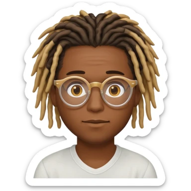  dark skin to brown male with dreads that are medium short with honey blond on one dyed one side of his hair wearing clear glasses looking in love sticker