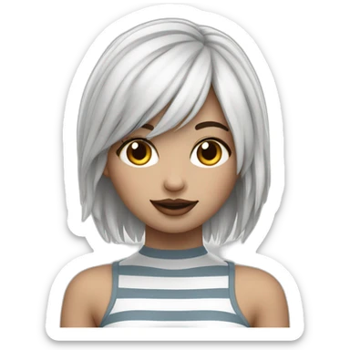 Hyperrealistic Frontal view curvy emo girl sits white skirt striped stockings hands up sticker