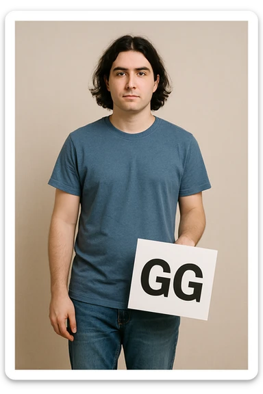 The person in the image is holding the GG sign loosely with one hand hanging beside them, the person remains the same. sticker