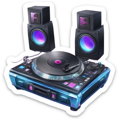 Realistic isolated DJ turntables and console setup with pink,blue,and purple sparkling diamonds and rhinestones on it. sticker