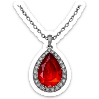 A teardrop-shaped ruby pendant cradled in a delicate silver chain, haloed by shimmering white stones, glowing with fiery red light sticker