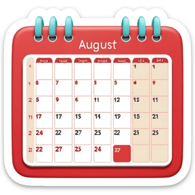 a monthly calendar labeled “August,” with rounded square date boxes, scalloped border frame, playful red doodle lines, and a cozy planner vibe. Minimal kawaii style, flat pastel color palette, slightly imperfect sketch lines, centered object, no background sticker