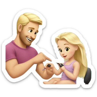 blonde babydaughter gives blonde dad a manicure sticker