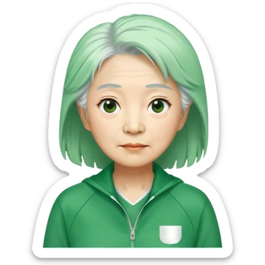 Hong is a middle-aged woman, around 60 years old, green tracksuit.  Her white tie hair, is unkempt and damp with sweat. sticker