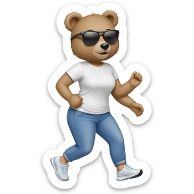 friendly anthropomorphised female bear in jeans and a t-shirt, wearing dark sunglasses, jogging upright in relaxed pose sticker
