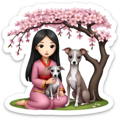 A young Chinese girl with long black hair and a dark grey Italian Greyhound with absolutely no white marks on its body or nose sitting under a cherry blossom tree sticker