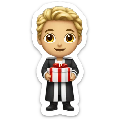 a young judge holding a present sticker