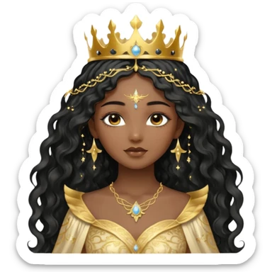 a black beautiful angel with gold pattern on her face and and long wavy black hair, she wears a ethereal crown with sparkling strings and a beautiful sparkling golden gown with moon crest in the middle of the gown, her face calm, gentle and kind, magical aura around her sticker