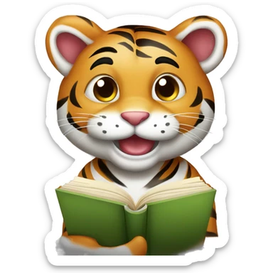 a cute tiger holding a book smiling and looking ready to study. Make the image high quality and clean sticker