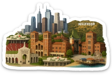Regenerate the Los Angeles emoji with highly realistic, lifelike architectural detail and accurate proportions for all buildings, keeping the current layout: a prominent and complete Los Angeles Memorial Coliseum, Royce Hall at UCLA, Bovard Administration Building at USC, Rose Bowl Stadium with its neon sign positioned more inland, Santa Monica Pier and beach at the coast, downtown LA skyline, Chinese Theater, and Hollywood Sign. Maintain accurate colors, bright daytime lighting, a fully transparent background, no sky, no clouds, and no city name label. Do not change the layout or composition. The style should be highly realistic and photorealistic architectural detail. sticker