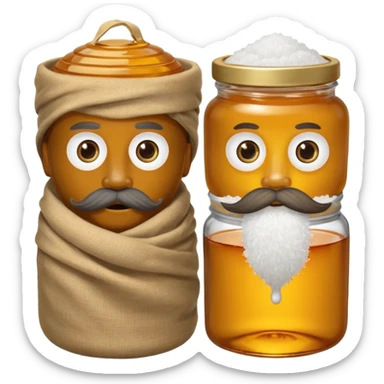 Garama and Madundung are together a gray container of salt and a honey container with a cloth on top. They each have eyes with white in the middle, a mouth, nose, and mustache both customary to their colors. They have hairy legs and emit an aura of salt (Garama), and honey (Madundung). sticker