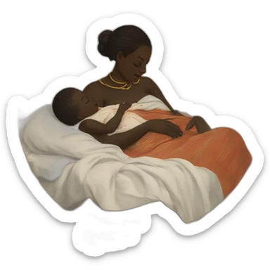 The tribal african woman sleeping in bed with a babies bab babies, 17th century, sticker