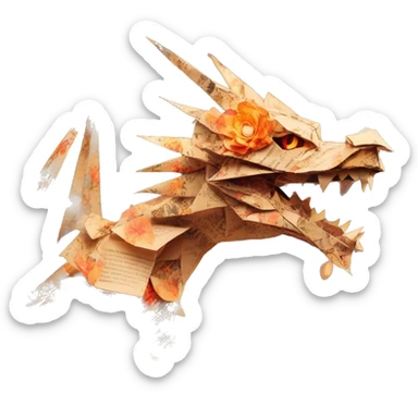 Charred flaming fiery Beige Origami dragon made of newspapers on fire letters on fire burnt paper surrounded by fairy lights swirls covered in dried flowers bokeh floral flowers fire flames sticker
