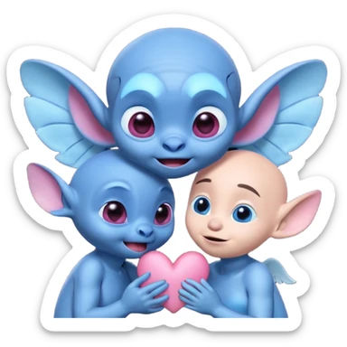 Emoji style: A cute pink alien girl (Angel from Lilo & Stitch) kisses a blue alien boy (Stitch) on the cheek. Stitch looks surprised and his eyes turn into pink hearts. Angel is smiling with eyes closed. 3D emoji style sticker