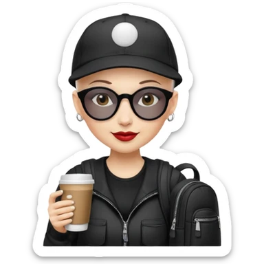 ["A happy woman with light skin, bald, wearing a baseball cap and sunglasses, dressed in goth fashion, is drinking coffee while holding a backpack."] sticker