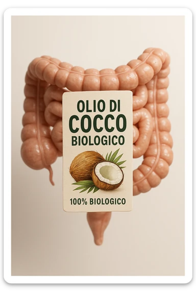 BOCCETTA DI OLIO DI COCCO BIOLOGICO (FAI UN ETICHETTA SUL PRODOTTO IN ITALIANO) CHE FLUTTUA IN ARIA DAVANTI A UN INTESTINO UMANO ANATOMICO IN PERFETTA SALUTE, SFONDO CHIARO, iperrealistico 4k sticker