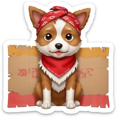 A small scruffy dog wearing a torn bandana, sitting beside a cardboard piece with hopeful gentle eyes.
e Fireplace sticker