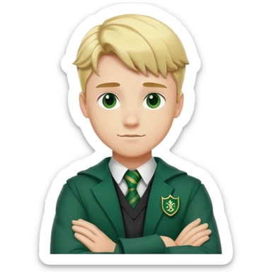 Blonde male student wearing Slytherin uniform with arms crossed sticker