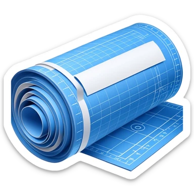 side perspective of a blue rolled-up blueprint plan with white lines sticker