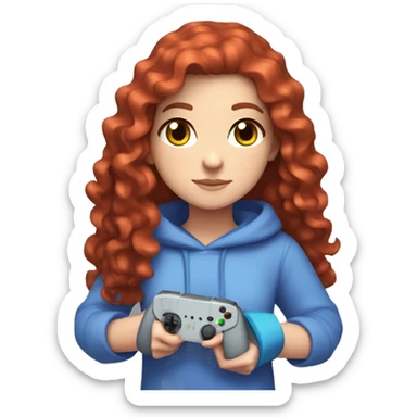 a white girl with long red curly hair, wearing periwinkle Minecraft hoodie holding a controller sticker