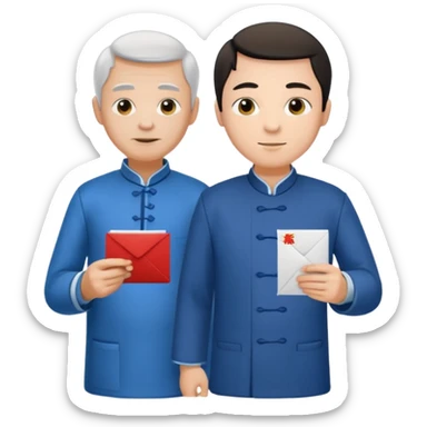 a young student with T-shirt handing letter to a old man official with chinese tunic suit sticker