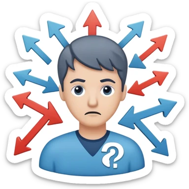 	A clean, flat-vector style icon that conveys information overload. Center a simplified human figure with a puzzled expression, surrounded by multiple overlapping arrows, question marks, and data symbols to represent too many choices. Use a modern color palette (e.g., muted blues, grays, and pops of bright accent colors) to highlight the feeling of confusion and overwhelm, while maintaining a crisp, minimalistic design. sticker