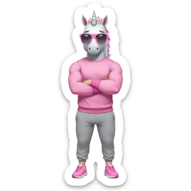 friendly anthropomorphised male white unicorn with a fit, chunky, muscular and strong physique, arms and legs matching the white of the head, wearing grey tracksuit pants and pink jumper, sunglasses, standing with arms folded sticker
