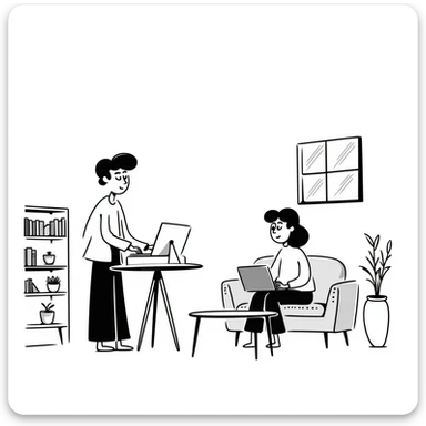 escenary 3d of a cozy mid-century living room with two people working on laptops, one man standing at a desk and one woman sitting on a couch, two walls and floor visible sticker