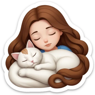 A pretty white girl with very long brown hair and sleeping curled up to a white cat  sticker