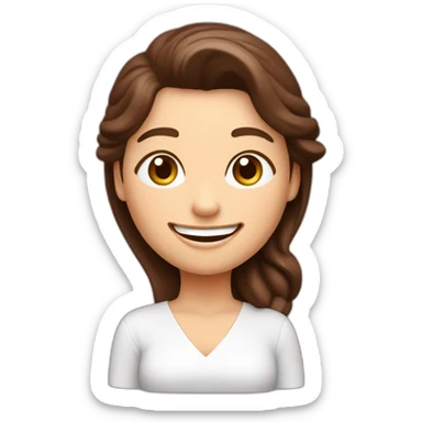 Una mujer ceramista con pelo color chocolate de largo medio, piel blanca, gran sonrisa sosteniendo un cuenco en una mano y una torneta en la otra. Tiene un hermoso delantal.en sticker