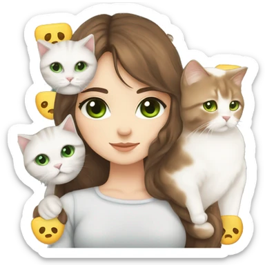 Beautiful girl with brown hair, and brown eyes.  hug Scottish fold cat, white cat with green eyes  sticker