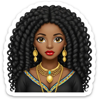 Afro Colombian, pretty lips, colombian clothes, dark skin, long black curly hair, jewelry, pretty bratz baddie, black eyeliner sticker