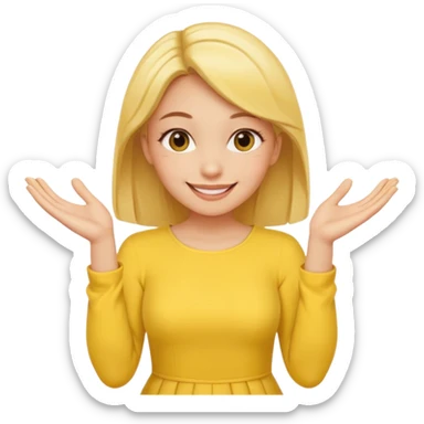 yellow smiling face girl with both hands flat under chin fingers touching sticker