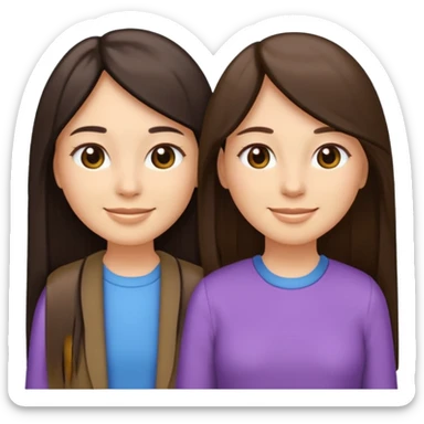 generate me emojis of sisters, one should look older, the other younger. the older one has dark brown hair, long, straight, the younger one is slightly lighter, also straight, long. clothes are any in principle, the main thing is that they more or less look like each other sticker