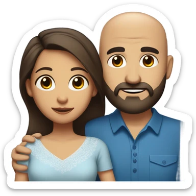 Comforting hug from brunette Puerto Rican with dark brown eyes wearing a cute blue blouse to short, bald man with brown eyes and a beard sticker