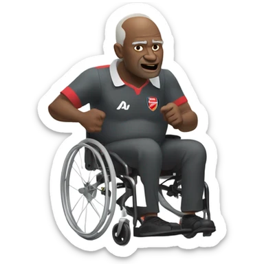 old black bald man with a round belly in wheelchair. angry face. grey stubble. he is pointing finger in front. wearing Arsenal soccer shirt. a speech bubble with the word: "Mojdeh!" sticker