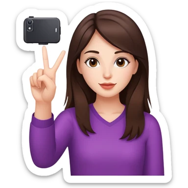 Brunette girl making peace sign while taking selfie sticker
