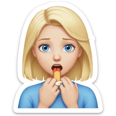 A girl with blonde hair and blue eyes chocking herself sticker