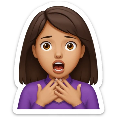 girl with tan skin and dark brown hair with two hands on her neck (overlapping) choking with mouth open and eyes crazy sticker